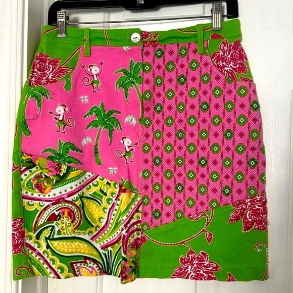 Women’s Vanity Petites Pink and Green Patchwork Style Preppy Cotton Blend Skirt - Picture 2 of 8